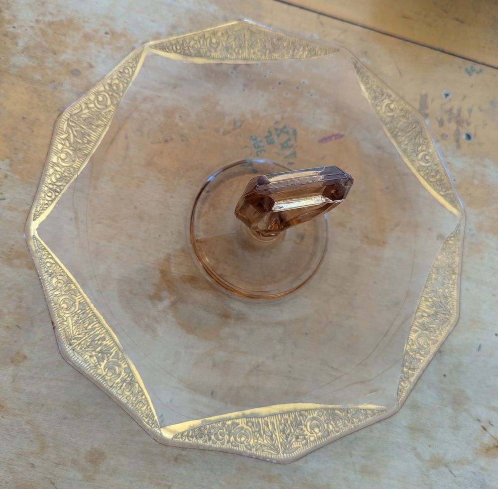 Pink Depression Glass Handled Serving Tray With Floral Gold Etching, 1950's